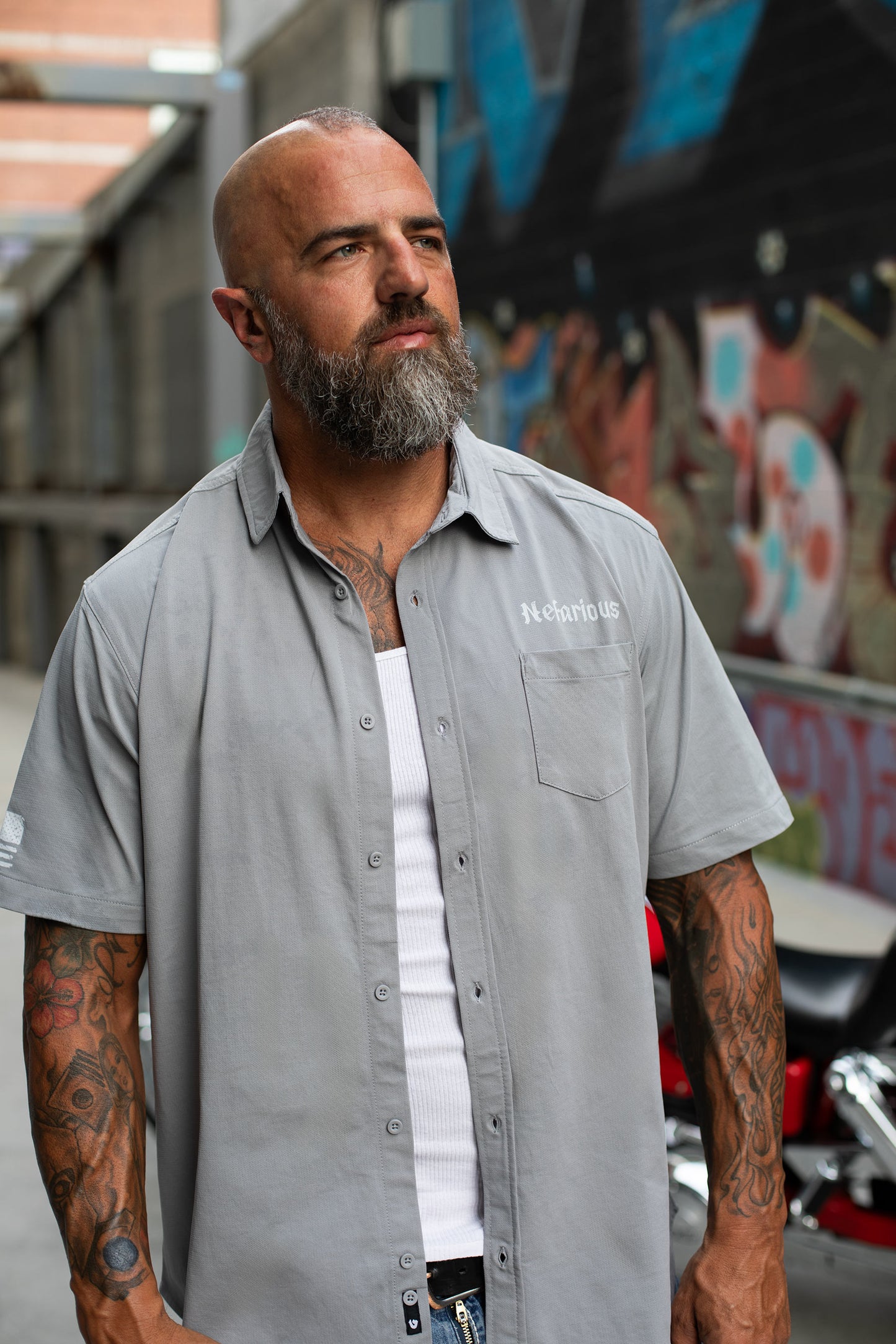 OG Skull Gray - Perforated Woven Short Sleeve Button-Up Shirt