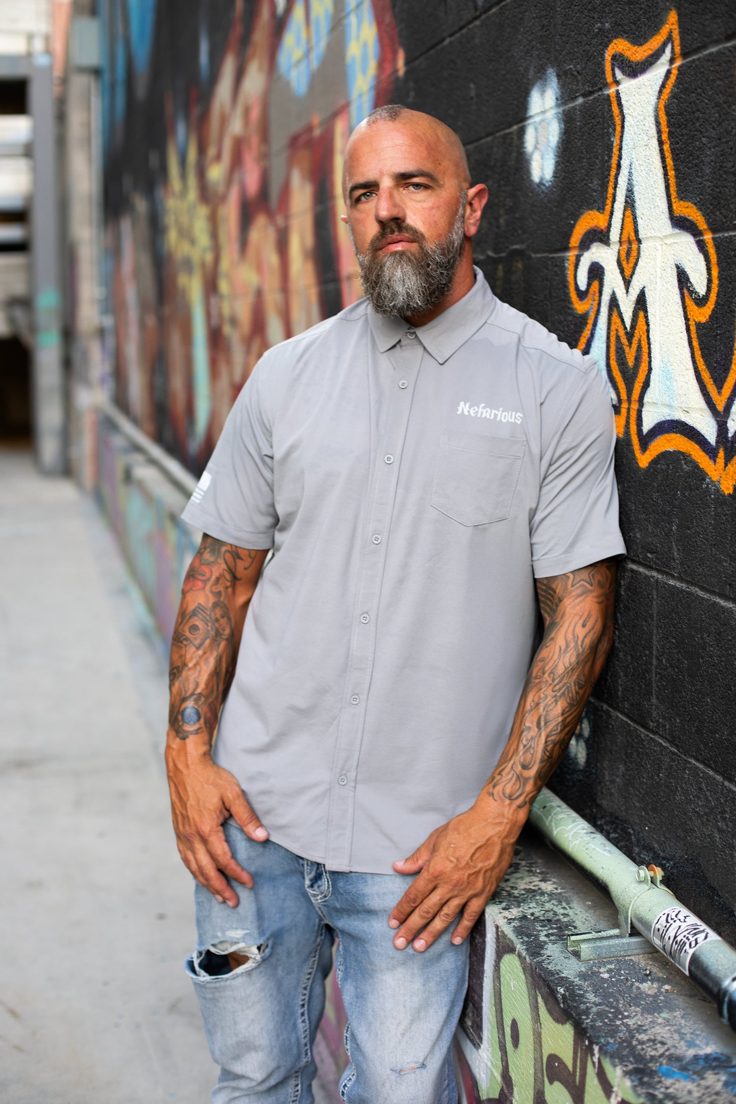 OG Skull Gray - Perforated Woven Short Sleeve Button-Up Shirt