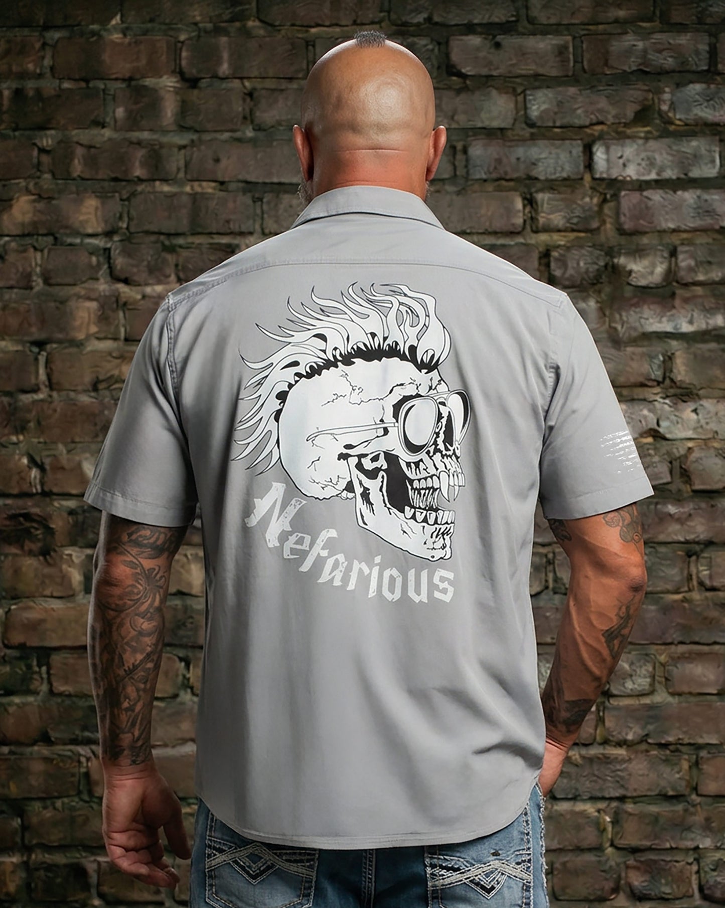 OG Skull Gray - Perforated Woven Short Sleeve Button-Up Shirt