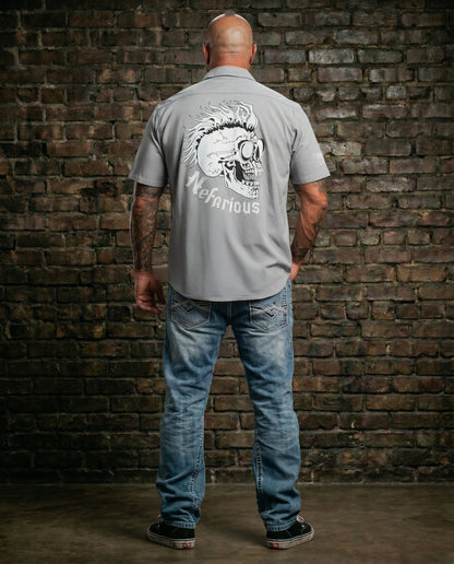 OG Skull Gray - Perforated Woven Short Sleeve Button-Up Shirt