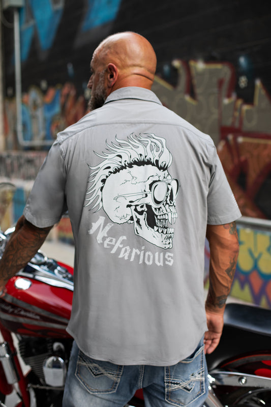 OG Skull Gray - Perforated Woven Short Sleeve Button-Up Shirt