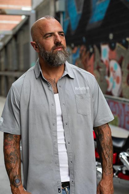 OG Skull Gray - Perforated Woven Short Sleeve Button-Up Shirt